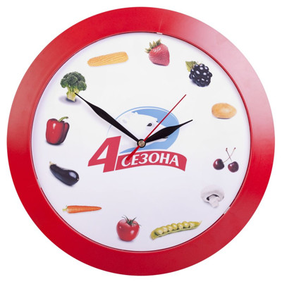 Красные офисные настенные часы из пластика с нанесением логотипа компании-заказчика