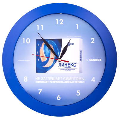 Синие офисные настенные часы из пластика с нанесением логотипа компании-заказчика