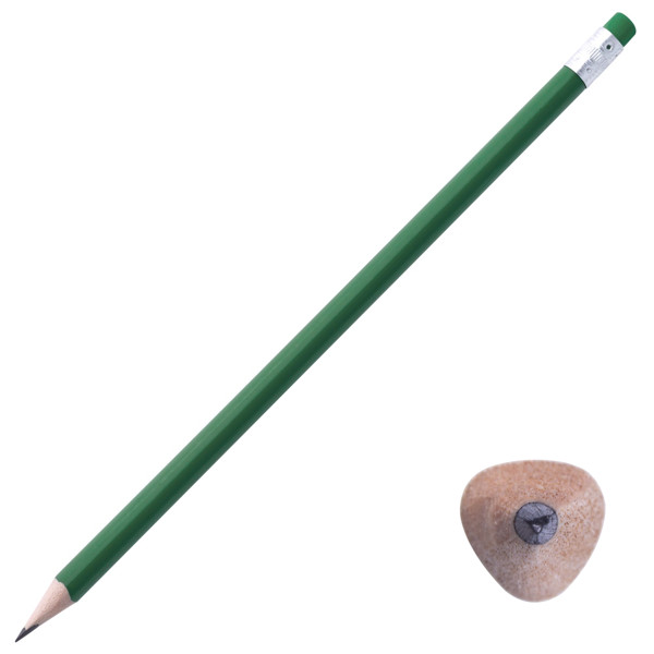 Зеленый карандаш трехгранный чернографитный с ластиком