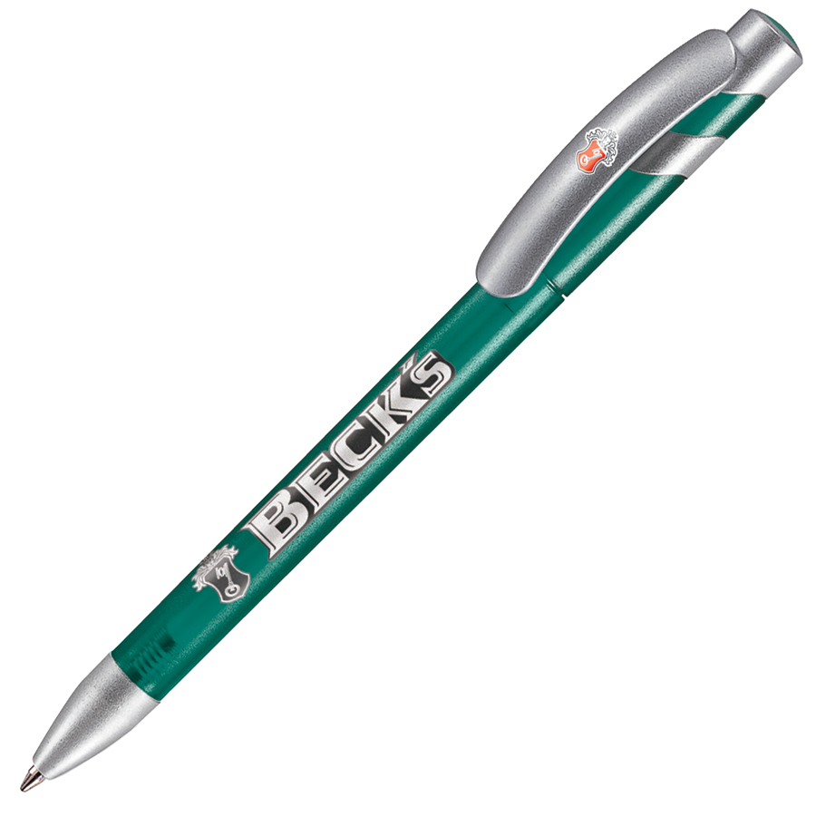 ручка с логотипом, пластиковая, зеленая/серебристая