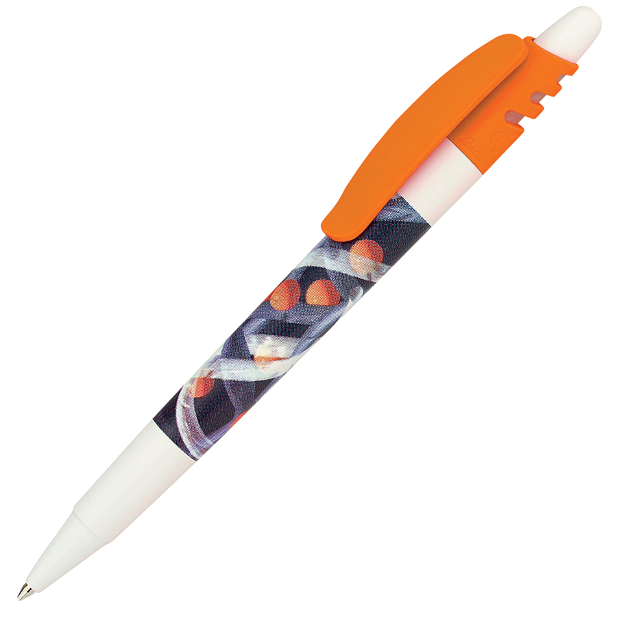 ручка с логотипом, пластиковая, белая/оранжевая