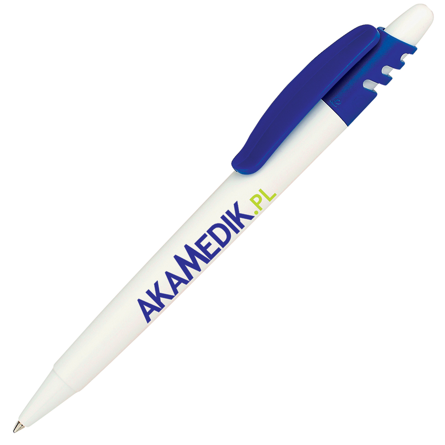 ручка с логотипом, пластиковая, белая/синяя
